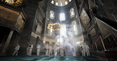 Municipality workers conduct cleaning and disinfection work at the Hagia Sophia Grand Mosque ahead of Ramadan, Istanbul, Türkiye, March 4, 2024. (AA Photo)