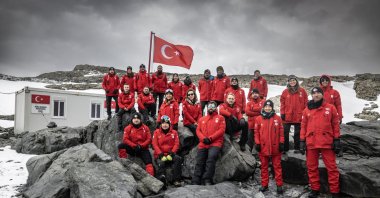 The team of Türkiye&#039;s 8th National Antarctic Science Expedition poses for a photo at Horseshoe Island, Antarctica, in an undated photo during their research in 2024. (AA Photo)