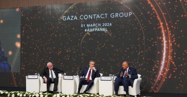 Palestinian Foreign Minister Riyad al-Malki (L), Foreign Minister Hakan Fidan (C) and Egyptian Foreign Minister Sameh Shoukry attend the "Gaza Contact Group" panel during the Antalya Diplomacy Forum (ADF) in Antalya, Türkiye, March 1, 2024. (EPA Photo)