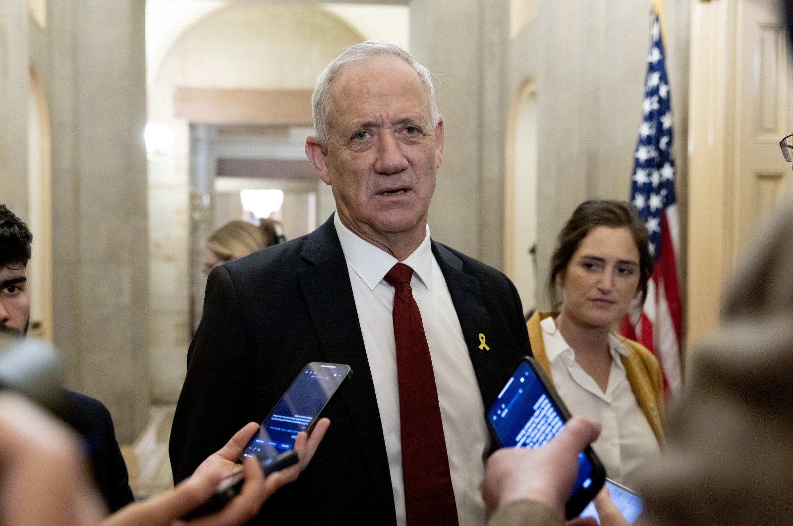 Israel&#039;s war Cabinet member Benny Gantz (C) leaves a meeting with Senate Minority Leader Mitch McConnell on Capitol Hill in Washington, D.C., U.S., March 4, 2024. (EPA Photo)