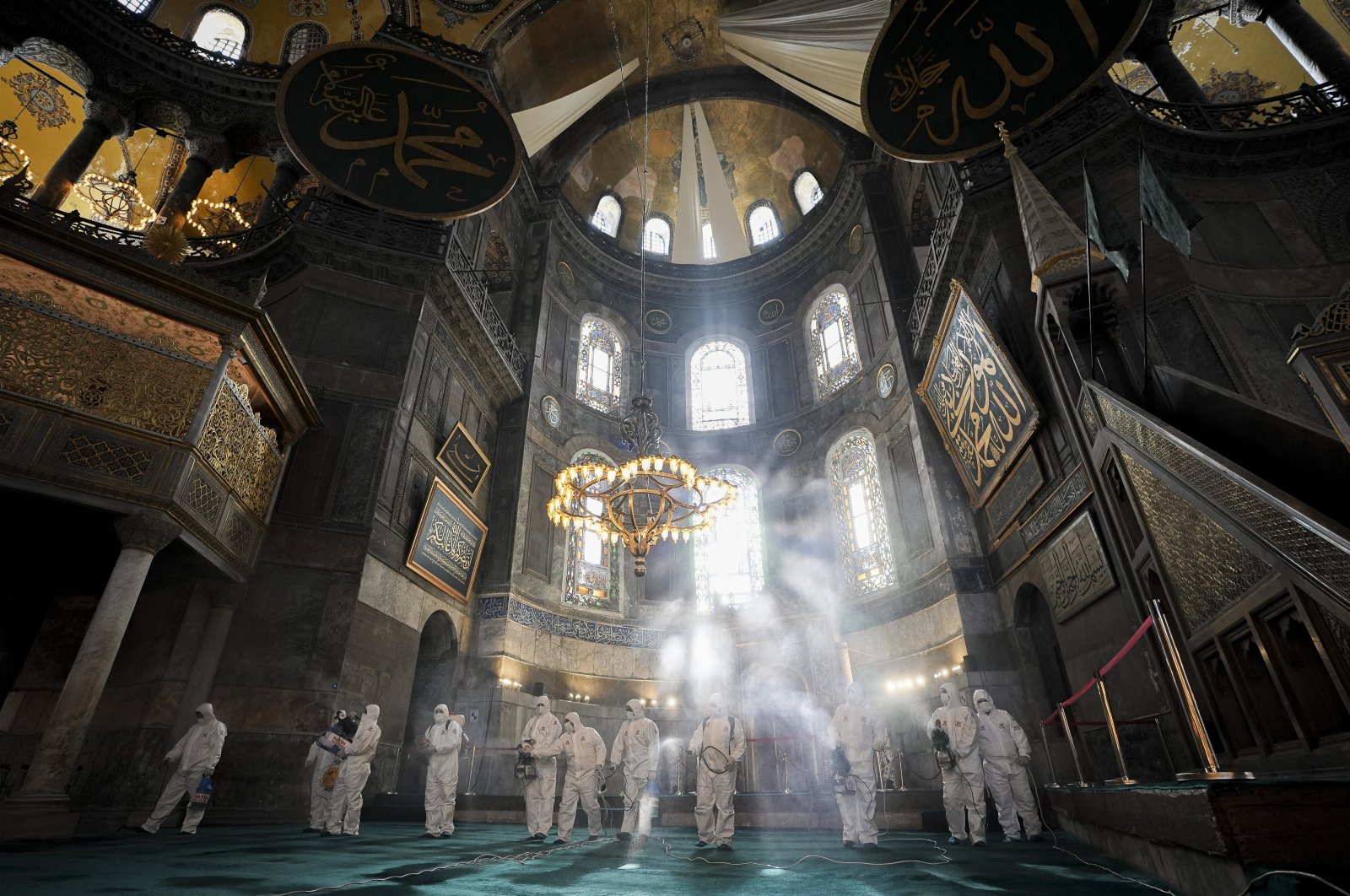 Municipality workers conduct cleaning and disinfection work at the Hagia Sophia Grand Mosque ahead of Ramadan, Istanbul, Türkiye, March 4, 2024. (AA Photo)