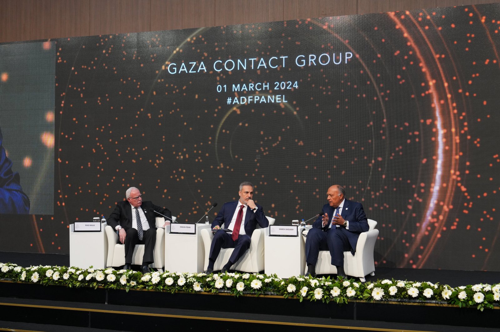 Palestinian Foreign Minister Riyad al-Malki (L), Foreign Minister Hakan Fidan (C) and Egyptian Foreign Minister Sameh Shoukry attend the &quot;Gaza Contact Group&quot; panel during the Antalya Diplomacy Forum (ADF) in Antalya, Türkiye, March 1, 2024. (EPA Photo)