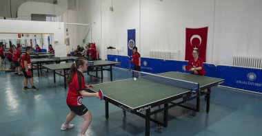 Turkish national Down syndrome table tennis team players train at the Ankara University, Ankara, Türkiye, Feb. 2, 2024. (AA Photo)