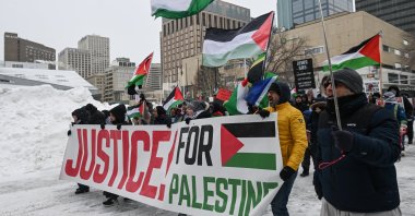 Pro-Palestinian groups participate in a pro-Palestinian rally in Edmonton, Alberta, Canada, on March 2, 2024. (Reuters Photo)