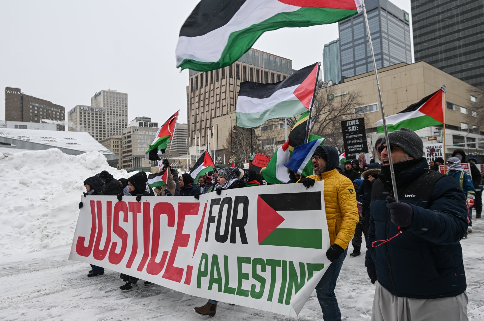 Pro-Palestinian groups participate in a pro-Palestinian rally in Edmonton, Alberta, Canada, on March 2, 2024. (Reuters Photo)
