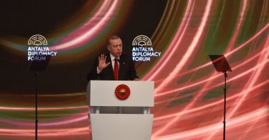 President Recep Tayyip Erdoğan addresses the forum, Antalya, southern Türkiye, March 1, 2024. (DHA Photo)