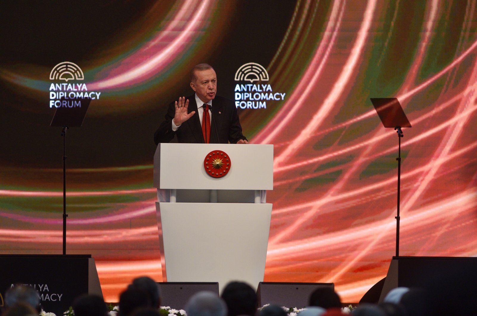 President Recep Tayyip Erdoğan addresses the forum, Antalya, southern Türkiye, March 1, 2024. (DHA Photo)