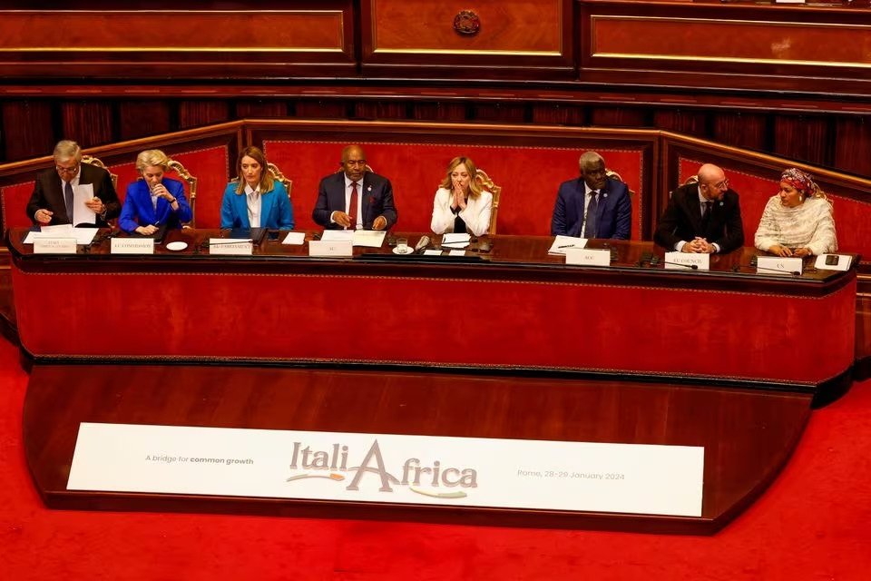 Italian Premier Giorgia Meloni (C) speaks as she is flanked from left; Italian Foreign Minister Antonio Tajani, President of the European Commission Ursula von der Leyen, President of the European Parliament Roberta Metsola, African Union President Azali Assoumani, African Union Commission Chairperson Moussa Faki Mahamat, President of the European Council Charles Michel and UN Deputy Secretary-General Amina Mohammed, at the Senate for the start of an Italy - Africa summit, in Rome, Italy, Jan. 29, 2024. (Reuters Photo)