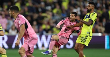 Inter Miami's Lionel Messi (C) scores a goal against Nashville SC during the second half during the Concacaf Champions Cup Leg One round of 16 match at GEODIS Park, Nashville, U.S., March 7, 2024. (AFP Photo)