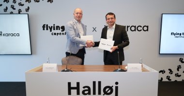 Chief sales officer of the Flying Tiger Copenhagen Jens Aarup Mikkelsen (L) and Sami Hotak, Karaca Group board member shake hands during the presentation of partnership, Istanbul, Türkiye, March 5, 2024. (AA Photo)