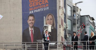 Istanbul Mayor Ekrem Imamoğlu speaks at an event, against the backdrop of an election poster of Justice and Development Party (AK Party) candidates, Istanbul, Türkiye, Feb. 28, 2024. (AA Photo)