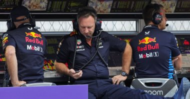 Red Bull Racing team principal Christian Horner sits on the pit wall following the first practice session of the Saudi Arabian Formula One Grand Prix, Jeddah Corniche Circuit, Jeddah, Saudi Arabia, March 7, 2024. (AFP Photo)