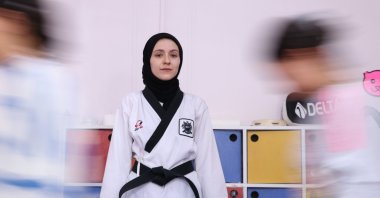 Esra Çiftçi, a Turkish national taekwondo champion, poses for a photo during a training session, Gaziantep, Türkiye, March 5, 2024. (AA Photo)
