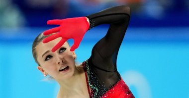 Russia&#039;s Kamila Valieva in action during the 2022 Beijing Olympics figure skating team event at the Capital Indoor Stadium, Beijing, China, Feb. 7, 2022. (Reuters Photo)