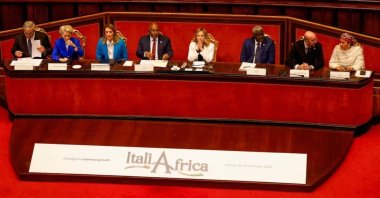 Italian Premier Giorgia Meloni (C) speaks as she is flanked from left; Italian Foreign Minister Antonio Tajani, President of the European Commission Ursula von der Leyen, President of the European Parliament Roberta Metsola, African Union President Azali Assoumani, African Union Commission Chairperson Moussa Faki Mahamat, President of the European Council Charles Michel and UN Deputy Secretary-General Amina Mohammed, at the Senate for the start of an Italy - Africa summit, in Rome, Italy, Jan. 29, 2024. (Reuters Photo)