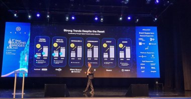 Revo Capital Managing Director Cenk Bayrakdar delivers a presentation at the "4th Revo Building Bridges" event, Istanbul, Türkiye, March 6, 2024. (Photo by Amina Ali)