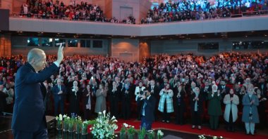 President Recep Tayyip Erdoğan greets the audience at a Women&#039;s Day event, Istanbul, Türkiye, March 8, 2024. (AA Photo)