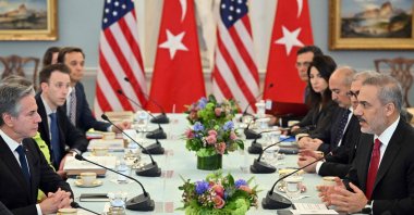 U.S. Secretary of State Antony Blinken (L) takes part in a meeting with Foreign Minister Hakan Fidan (R) in the Thomas Jefferson Room of the State Department in Washington, D.C., March 8, 2024. (AFP Photo)