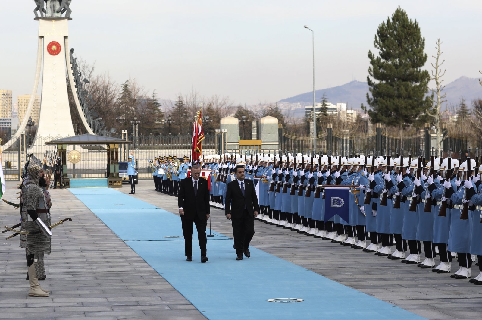 President Recep Tayyip Erdoğan and Iraq&#039;s Prime Minister Mohammed Shia al-Sudani review a military honor guard during a welcome ceremony in Ankara, Türkiye, March 21, 2023. (AP Photo)