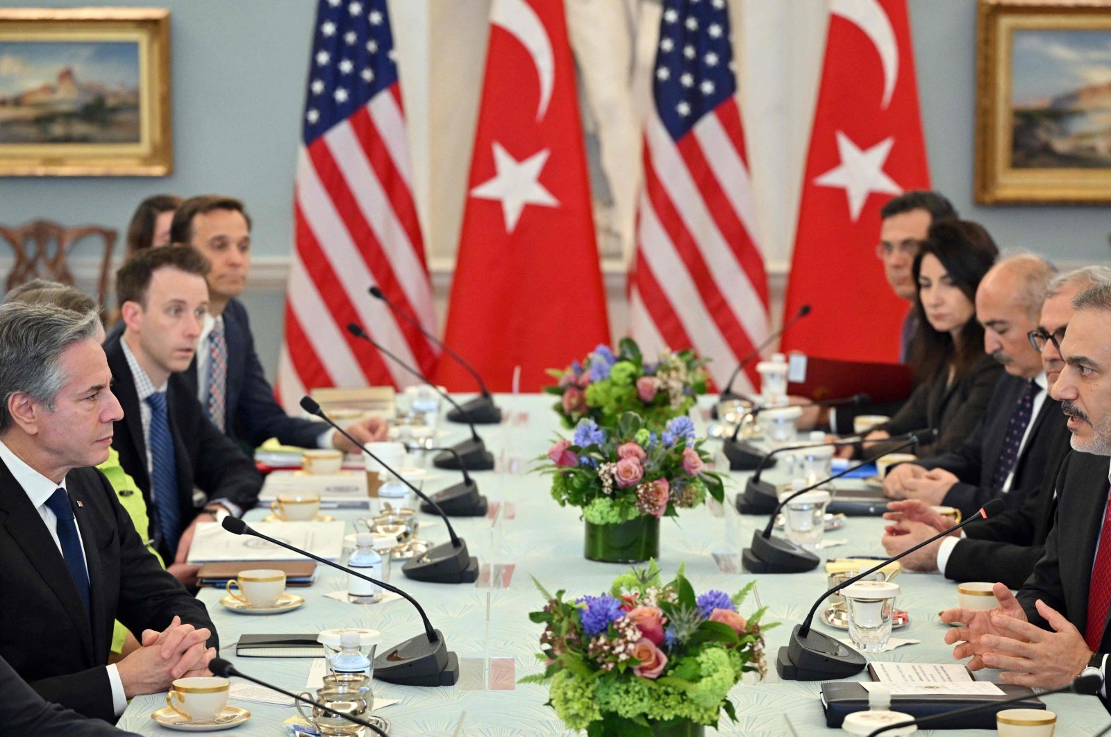 U.S. Secretary of State Antony Blinken (L) takes part in a meeting with Foreign Minister Hakan Fidan (R) in the Thomas Jefferson Room of the State Department in Washington, D.C., March 8, 2024. (AFP Photo)