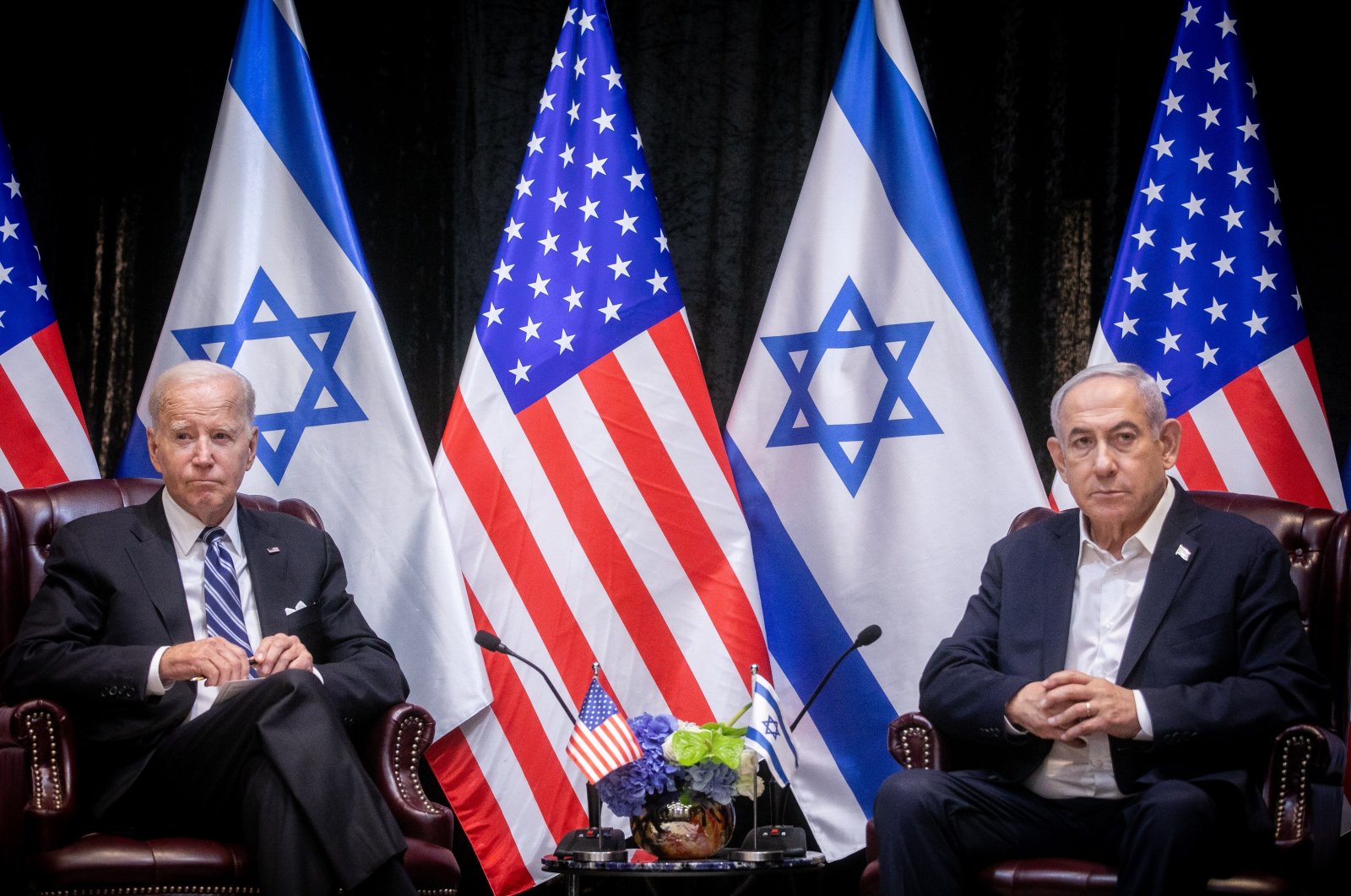 U.S. President Joe Biden looks on during a meeting with Israeli Prime Minister Benjamin Netanyahu in Tel Aviv, Israel, Oct.18, 2023. (EPA Photo)