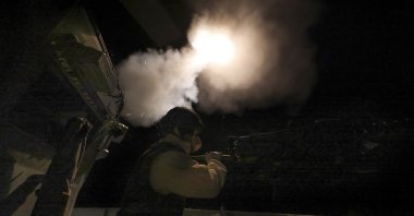 In this photo provided by the Ministry of Defense, Sea Ceptor missiles are fired from HMS Richmond shooting down two Houthi drones, Saturday, March  9, 2024. (Ministry of Defense via AP)