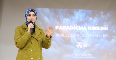 Chairperson of the board of directors of T3 Foundation, Elvan Kuzucu Hıdır, during a conference in western Manisa province, Türkiye, Feb. 14, 2024. (AA Photo)