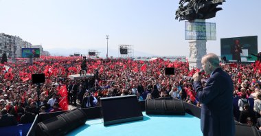 President Recep Tayyip Erdoğan speaks at a rally in western Izmir province, Türkiye, March 10, 2024. (AA Photo)