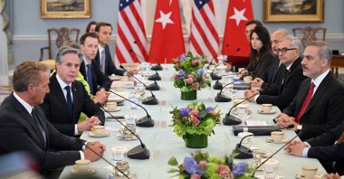 U.S. Secretary of State Antony Blinken (2nd L), with U.S. Ambassador to Türkiye, Jeff Flake (L), takes part in a meeting with Türkiye’s Foreign Minister Hakan Fidan (R), in Washington, D.C., March 8, 2024. (AFP Photo)