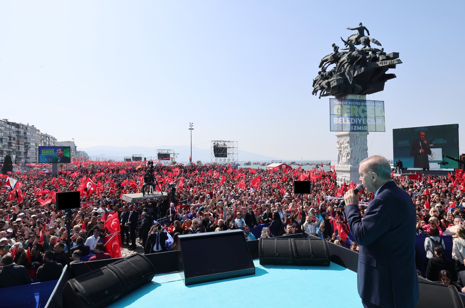 President Recep Tayyip Erdoğan speaks at a rally in western Izmir province, Türkiye, March 10, 2024. (AA Photo)
