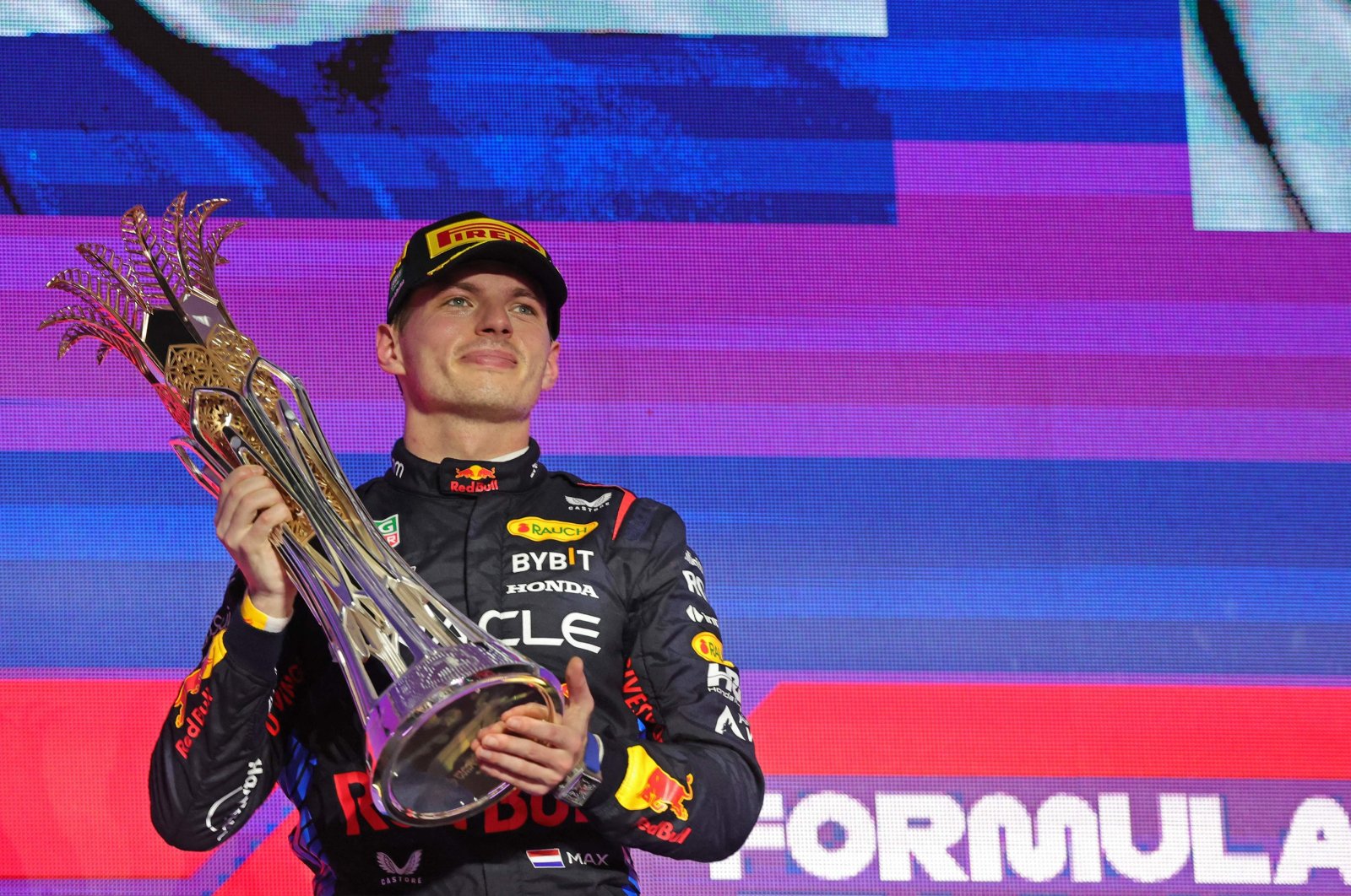 Red Bull&#039;s Max Verstappen celebrates winning the Saudi Arabian F1 GP, Jeddah, Saudi Arabia, March 9, 2024. (AFP Photo)