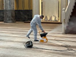 Taksim Mosque is getting ready for Ramadan with a special cleaning using rosewater to make it smell nice for worshippers, Istanbul, Türkiye. (Photo Courtesy of the Mosque) 
