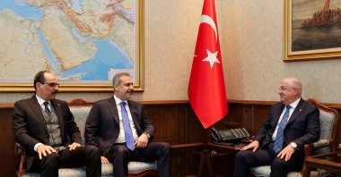 Minister Yaşar Güler (R) hosts Foreign Minister Hakan Fidan (C) and National Intelligence Organization (MIT) chief Ibrahim Kalın in the capital Ankara, Türkiye, March 11, 2024. (AA Photo)