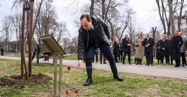 Ceremony held in memory of slain Ambassador Galip Balkar in Tasmajdan Park in the capital Belgrade, March 11, 2024. (AA Photo)