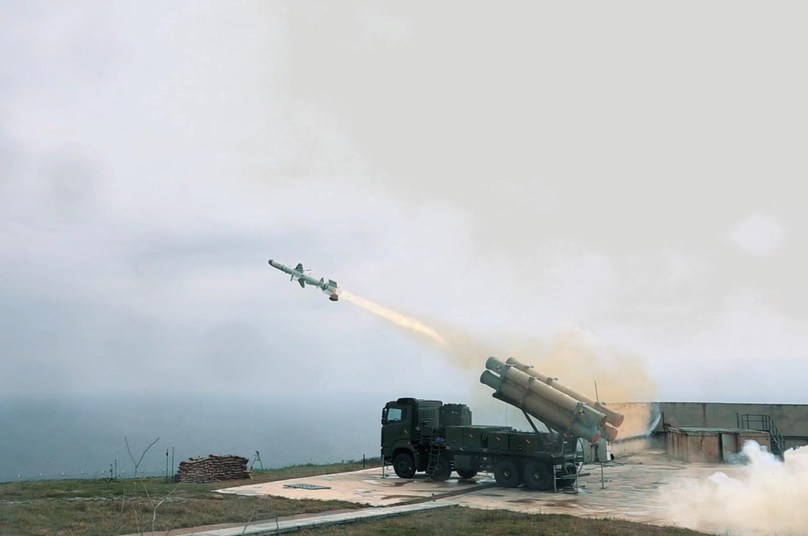 Türkiye&#039;s anti-ship missile Atmaca is fired from a mobile launcher in the country&#039;s northernmost province, Sinop, Türkiye, March 10, 2024. (DHA Photo)