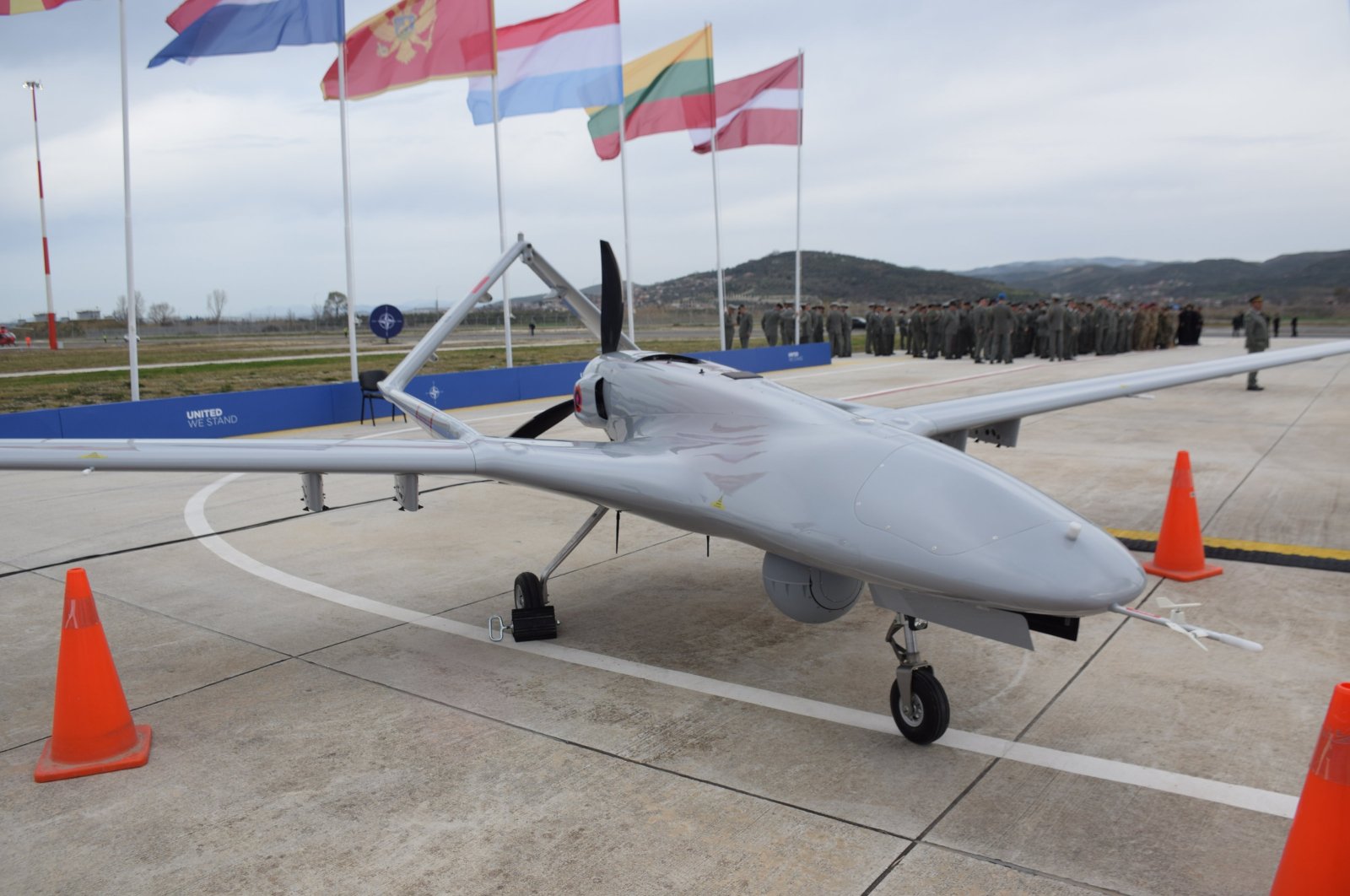 A Bayraktar TB2 drone is seen at an air base during a NATO event in Berat, Albania, March 4, 2024. (AA Photo)