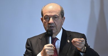 Turkish Republic of Northern Cyprus (TRNC) President Ersin Tatar speaks at the 2nd Global Destination Exchange Forum, Berlin, Germany, March 4, 2024. (AA Photo)