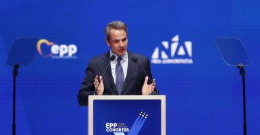 Greek Prime Minister Kyriakos Mitsotakis delivers a speech during a session of the European People&#039;s Party Congress, Bucharest, Romania, March 7, 2024. (EPA Photo)