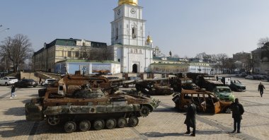 Destroyed Russian military machinery and Ukrainian civilian vehicles, displayed near the St. Mykhailivsky Cathedral in downtown Kyiv, Ukraine, March 5, 2024. (EPA Photo)