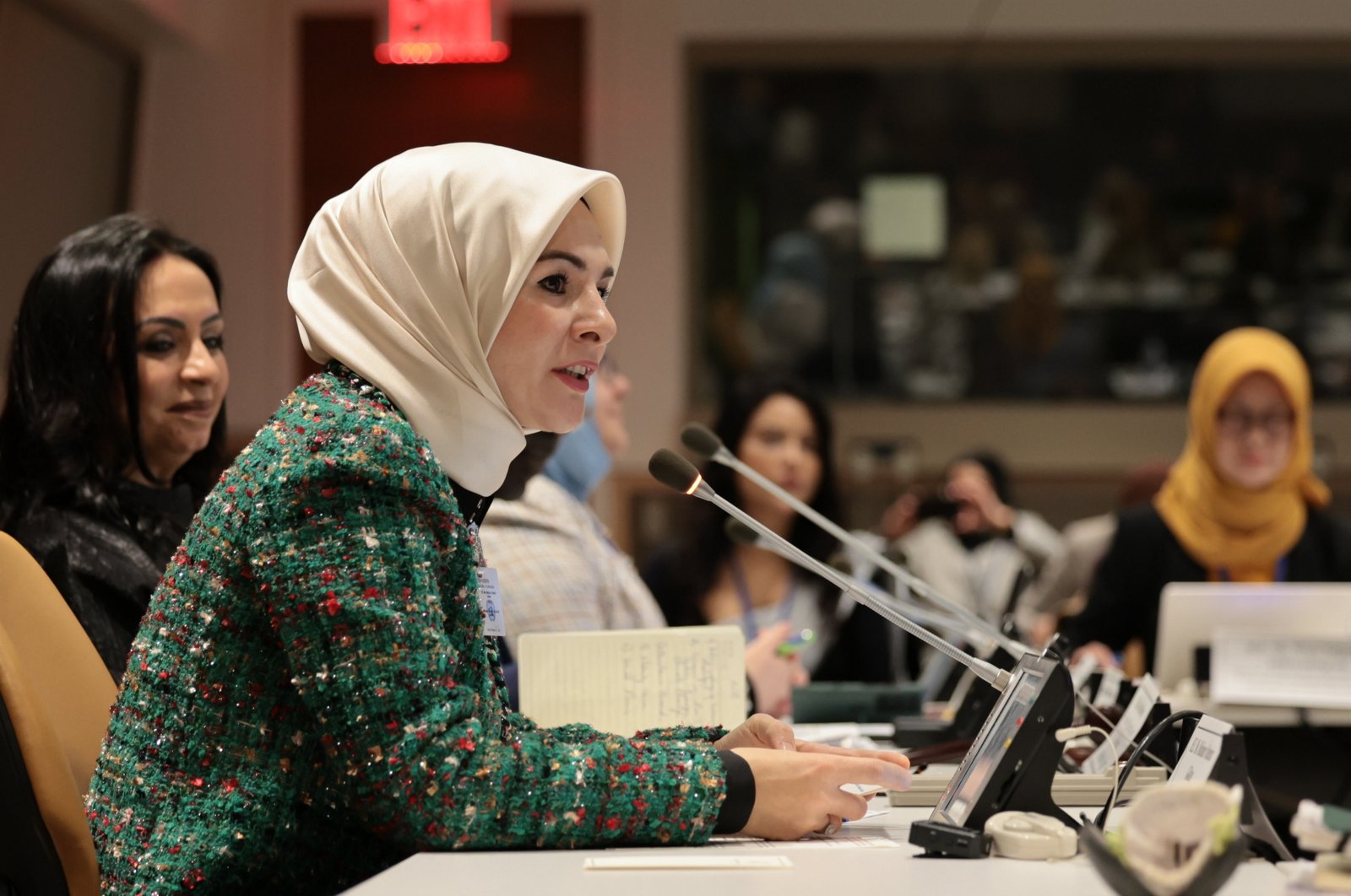 Minister Mahinur Özdemir Göktaş speaks at an event at U.N. headquarters, New York, U.S., March 11, 2024. (AA Photo)