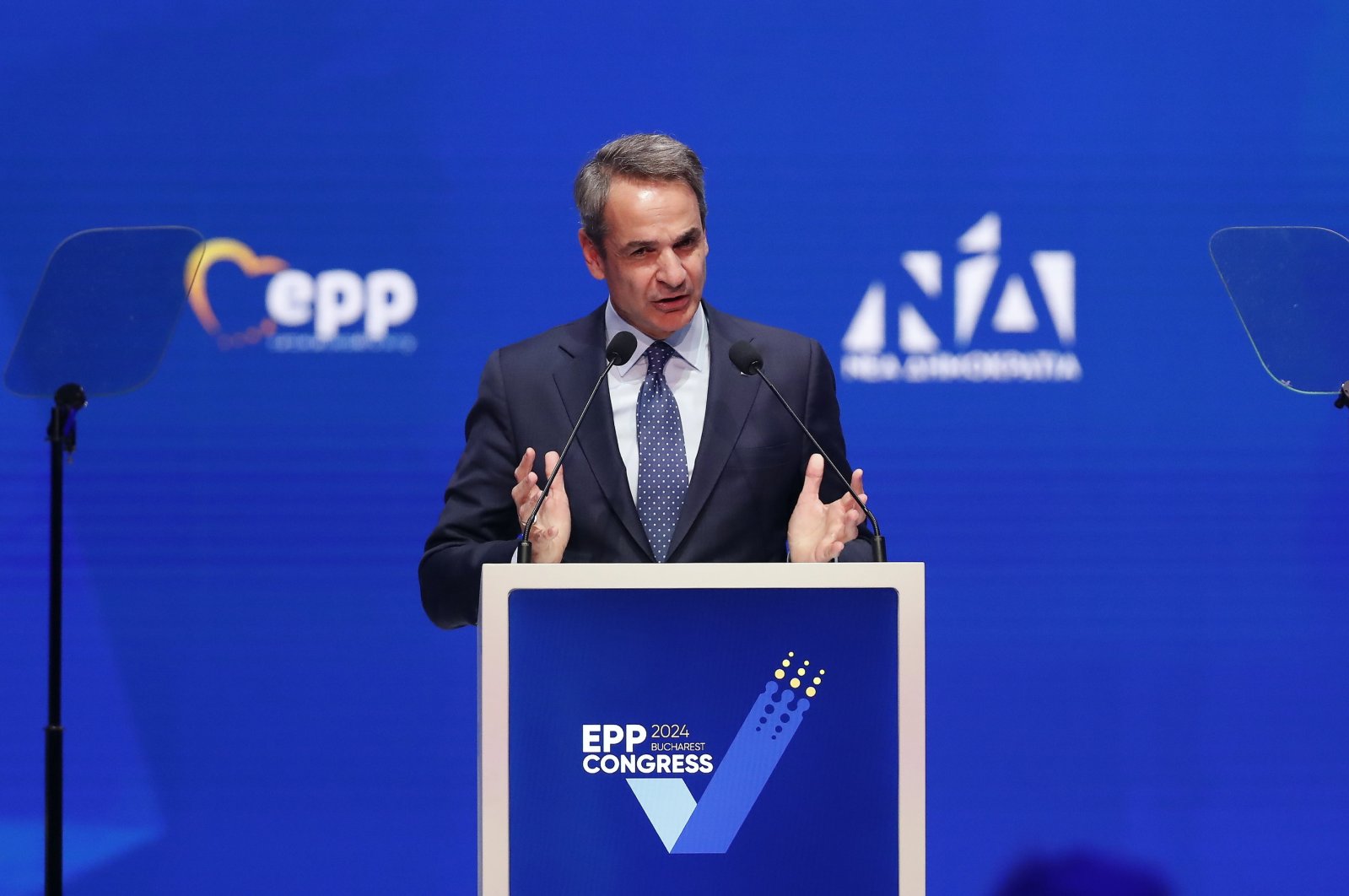 Greek Prime Minister Kyriakos Mitsotakis delivers a speech during a session of the European People&#039;s Party Congress, Bucharest, Romania, March 7, 2024. (EPA Photo)