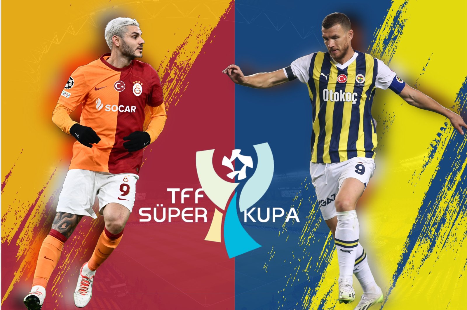The illustration shows the Turkish Süper Cup logo between Galatasaray's Mauro Icardi (L) and Fenerbahçe's Edin Dzeko. (Illustration by Kelvin Ndunga)