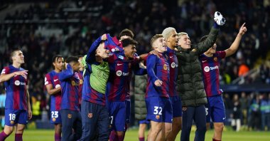 FC Barcelona players celebrate winning the UEFA Champions League round of 16 second leg match against Napoli, Barcelona, Spain, March 12, 2024. (EPA Photo)