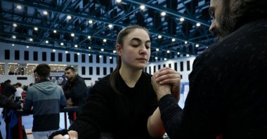 Turkish arm-wrestler Rabia Kayahan (L) trains with her coach Davut Altuntaş, Gümüşhane, Türkiye, March 1, 2024. (AA Photo)