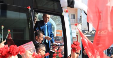 President Recep Tayyip Erdoğan greets supporters from the presidential bus, Şırnak, southeastern Türkiye, March 13, 2024. (İHA Photo)