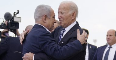 President Joe Biden is greeted by Israeli Prime Minister Benjamin Netanyahu at Ben Gurion International Airport, Tel Aviv, Israel,  Oct. 18, 2023. (AP Photo)