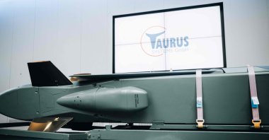 A Taurus KEPD 350 German-Swedish air-launched cruise missile, manufactured by Taurus System is on display as Bavarian State Premier visits European multinational missiles manufacturer MBDA in Schrobenhausen, southern Germany, on March 5, 2024. (AFP Photo)