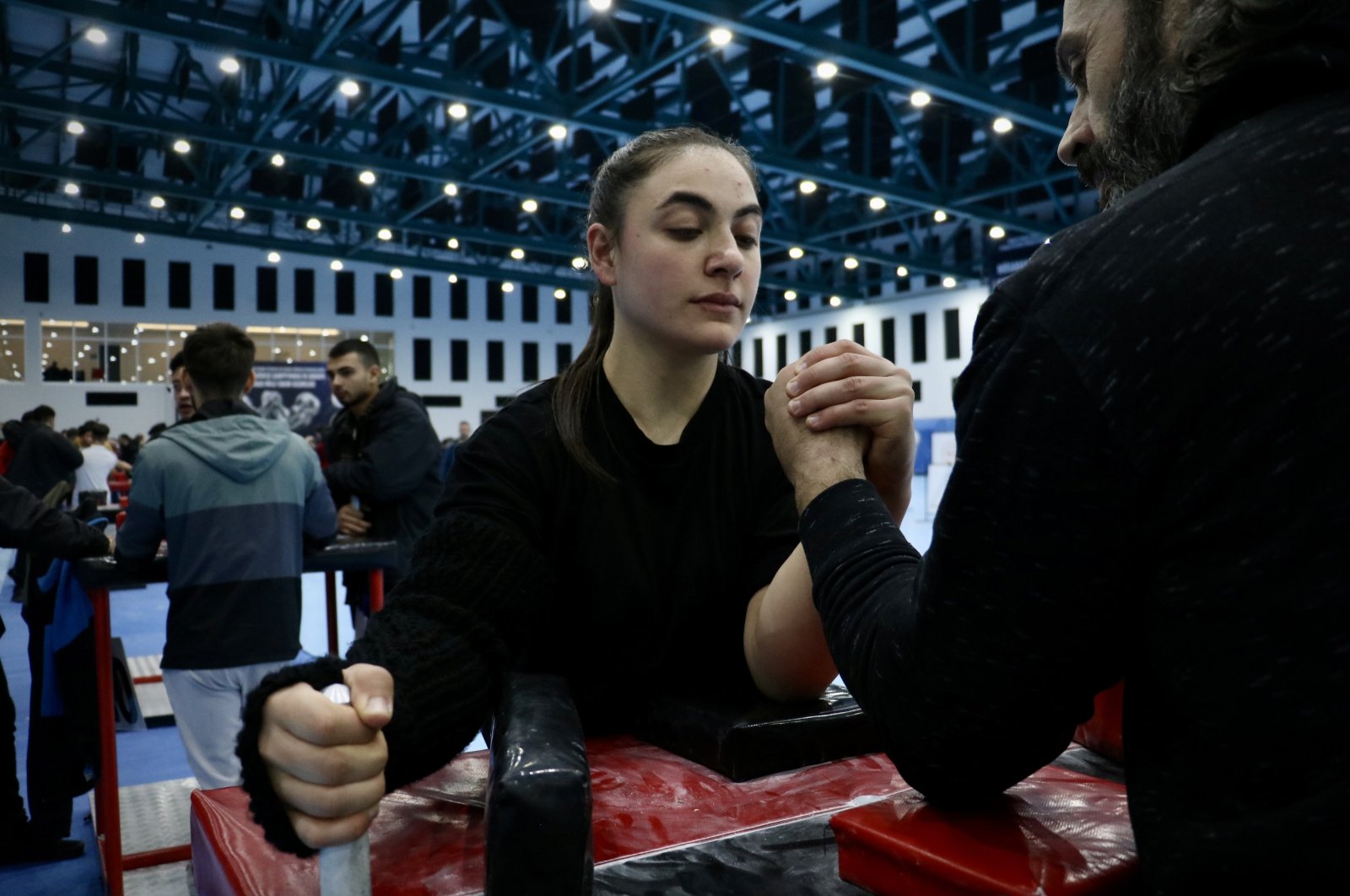 Turkish arm-wrestler Rabia Kayahan (L) trains with her coach Davut Altuntaş, Gümüşhane, Türkiye, March 1, 2024. (AA Photo)