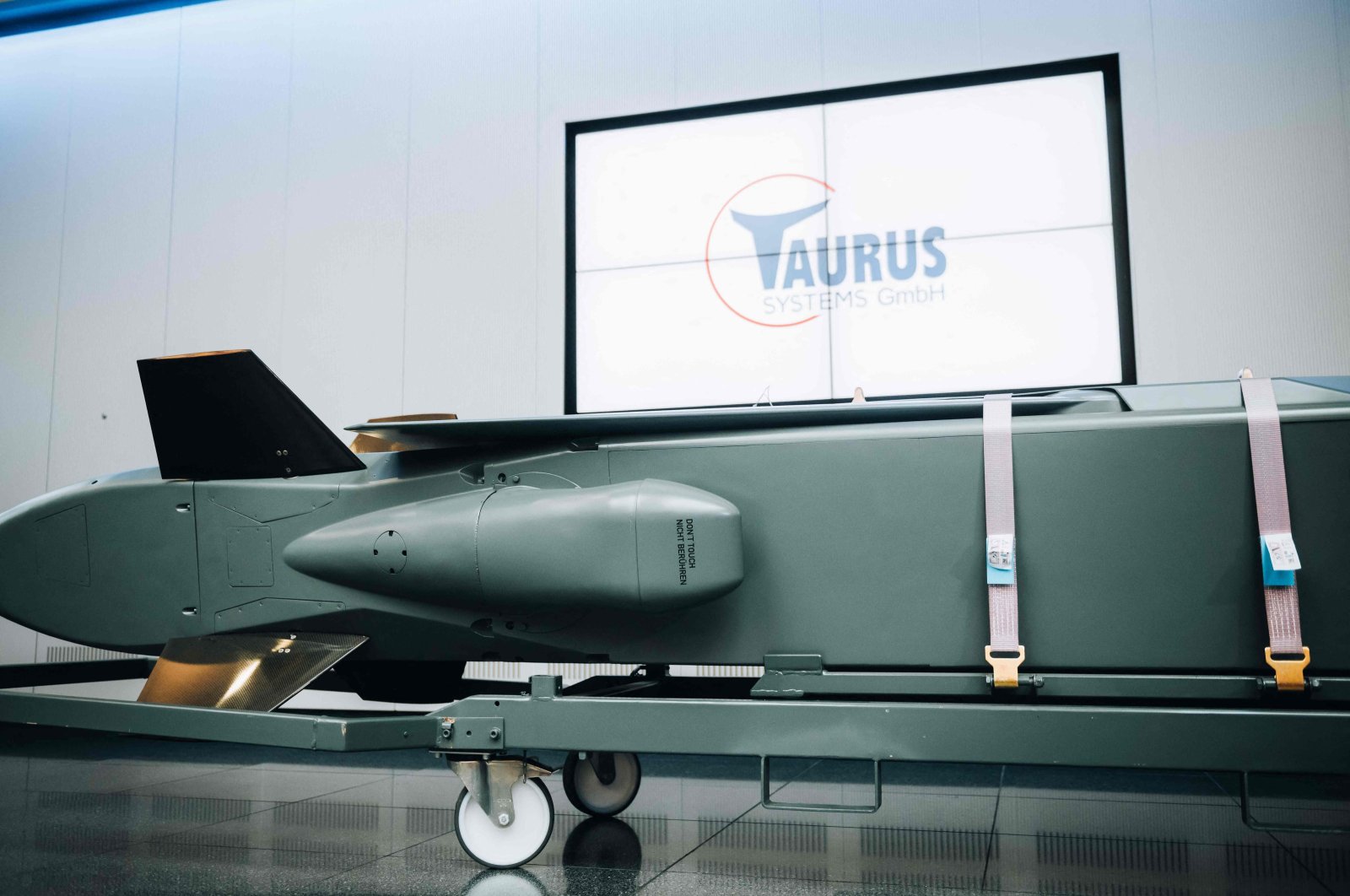 A Taurus KEPD 350 German-Swedish air-launched cruise missile, manufactured by Taurus System is on display as Bavarian State Premier visits European multinational missiles manufacturer MBDA in Schrobenhausen, southern Germany, on March 5, 2024. (AFP Photo)