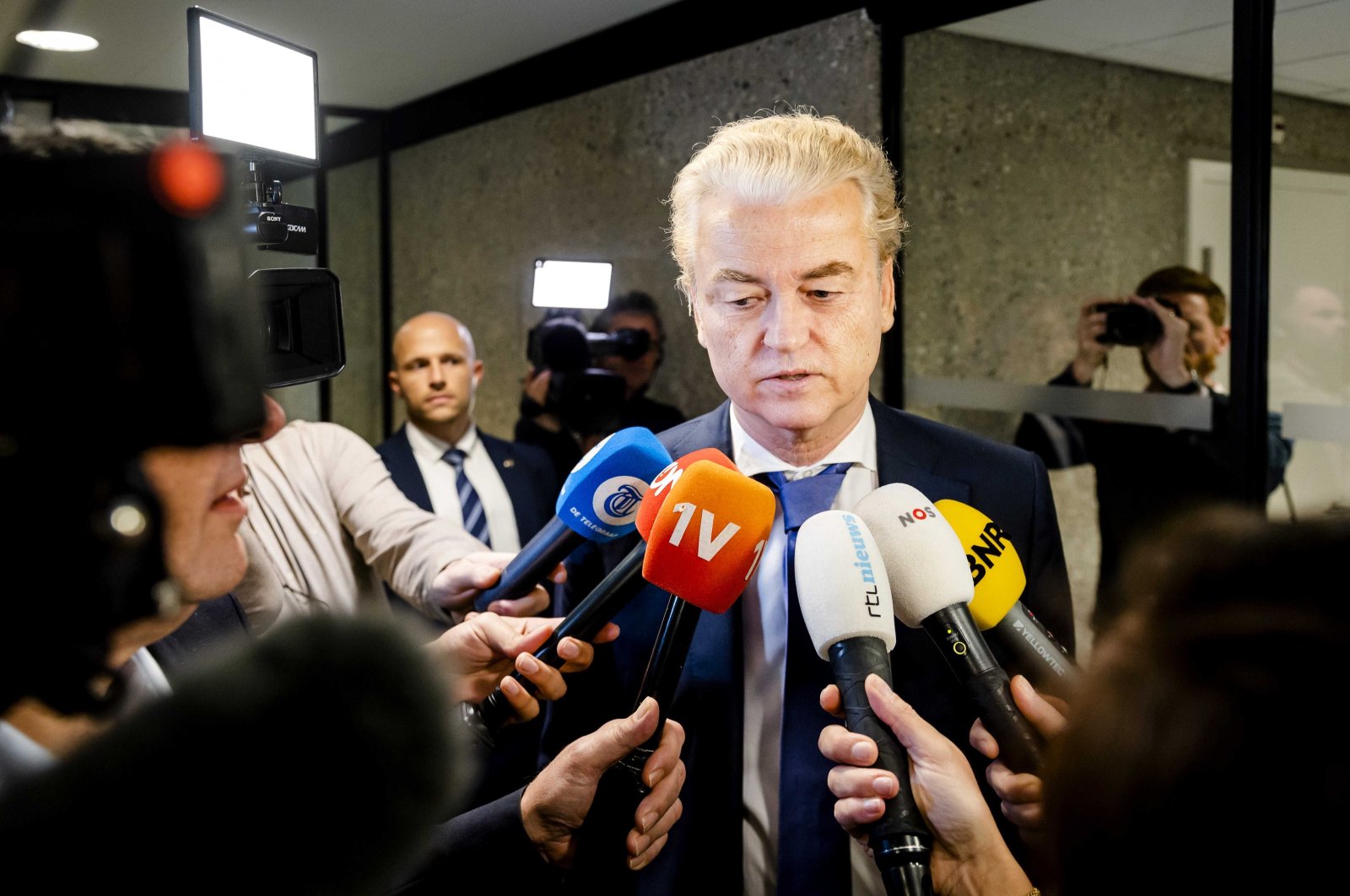 Geert Wilders of the Dutch PVV party speaks to the media as he arrives for the debate on the final report of informant Ronald Plasterk, in The Hague, The Netherlands, Feb. 14, 2024. (EPA Photo)
